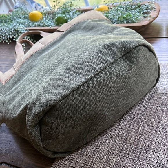 LL Bean Canvas Leather Boat Bucket Travel Shoulder Bag Satchel Khaki - Picture 7 of 16